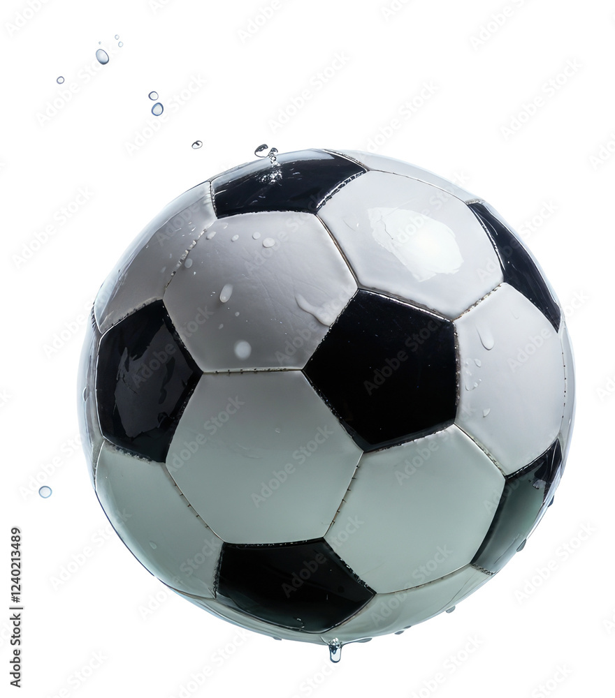 Naklejka premium Wet black and white soccer ball in mid-air with water droplets on transparent background