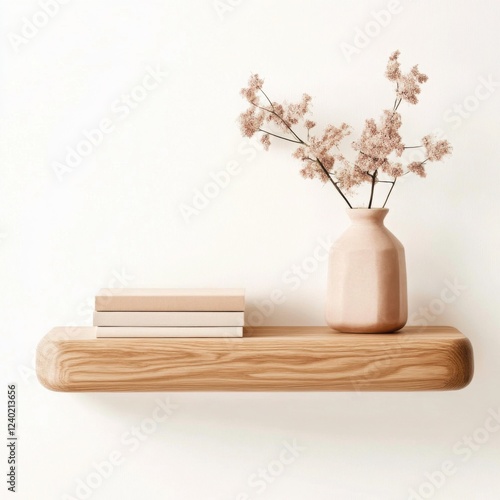 Space-saving furniture concept. A minimalist wooden shelf displays a soft-colored vase with flowers beside two stacked books on a neutral wall.