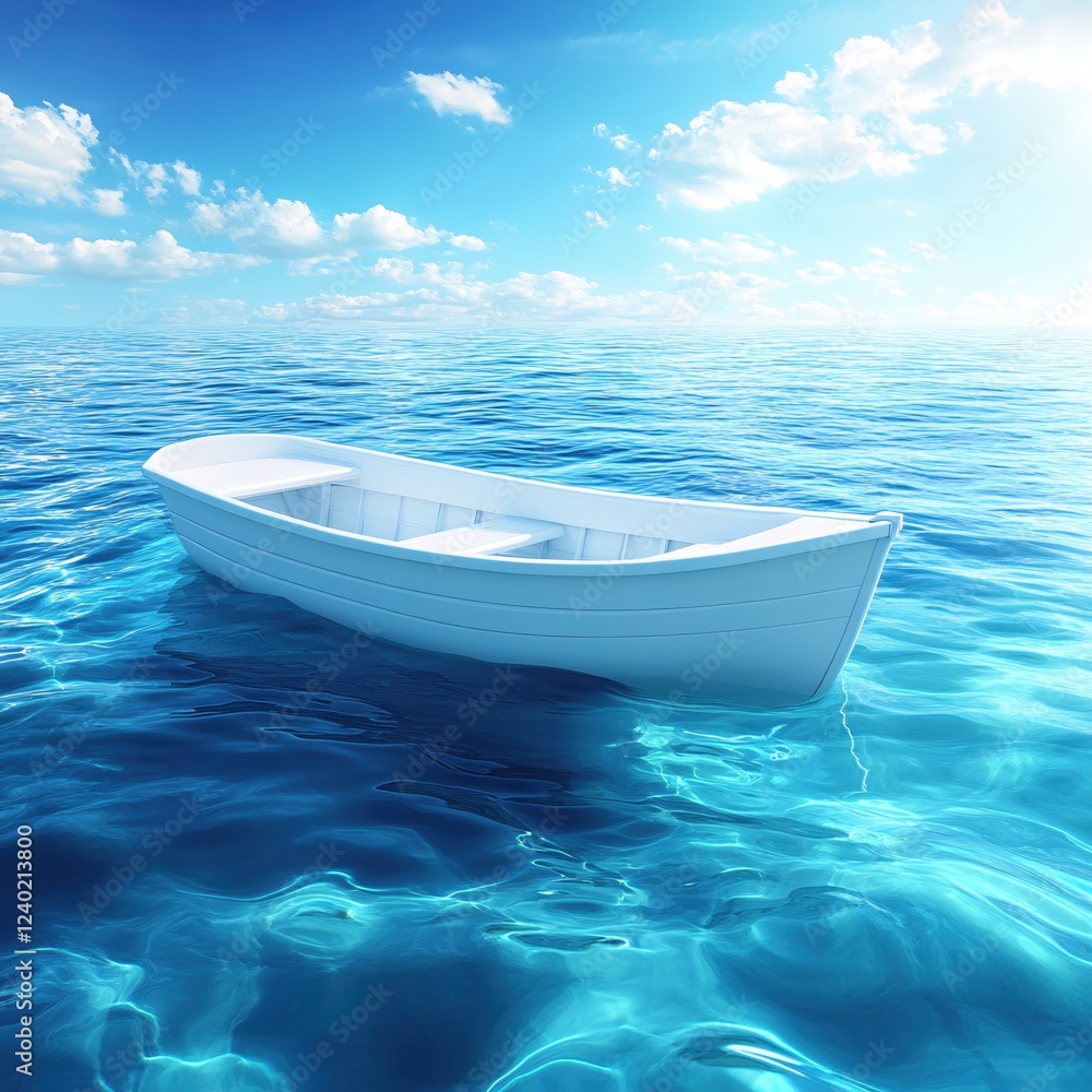 Naklejka premium White rowboat floats on calm blue water under a bright sky with fluffy clouds and sun rays