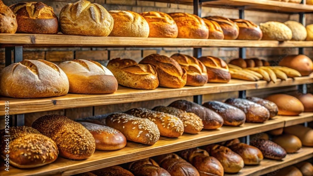 A variety of freshly baked loaves displayed on wooden shelves in a bakery