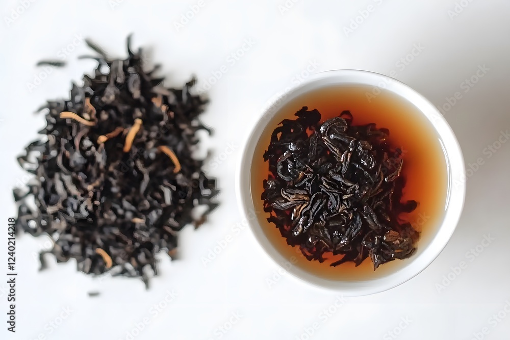 Fototapeta premium Brewed Black Tea Leaves in White Cup Overhead Shot