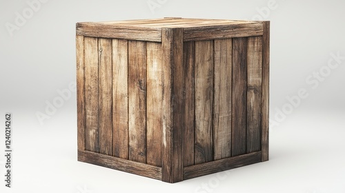 A weathered, rustic wooden crate with dark brown and light brown tones sits against a plain white background. The crate is square and shows signs of