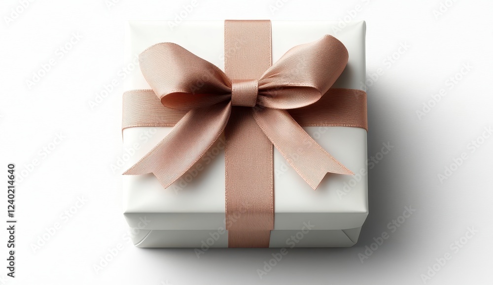 White gift box with a rose gold ribbon bow, top view on a white background. Simple, elegant, and perfect for celebratory occasions White gift box with a rose gold ribbon bow, top view on a white background. Simple, elegant, and perfect for celebratory occasions