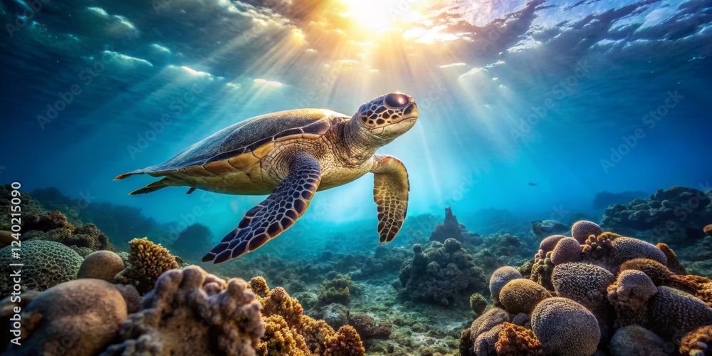 Fototapeta premium Graceful Sea Turtle Gliding Through Vibrant Coral Reef Waters