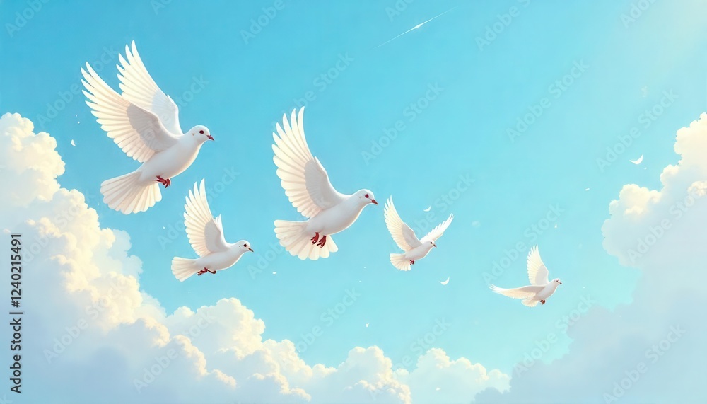 Fototapeta premium Doves taking flight in a bright sky nature scene digital art serene atmosphere aerial perspective