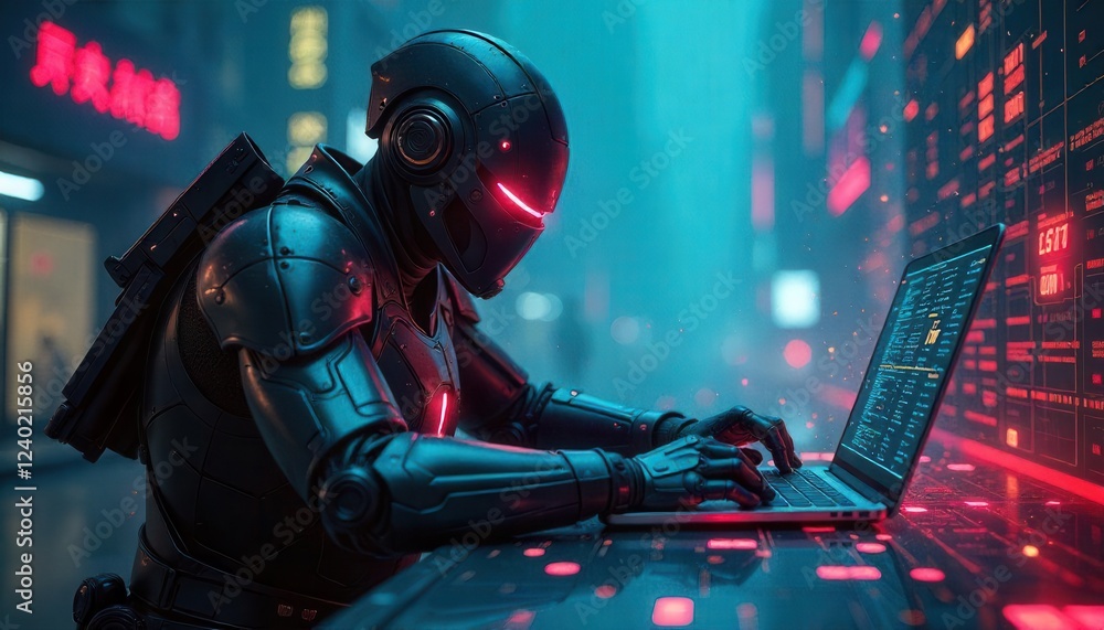 Cybernetic hacker engaged in data manipulation futuristic city digital art neon environment close-up view technology concept