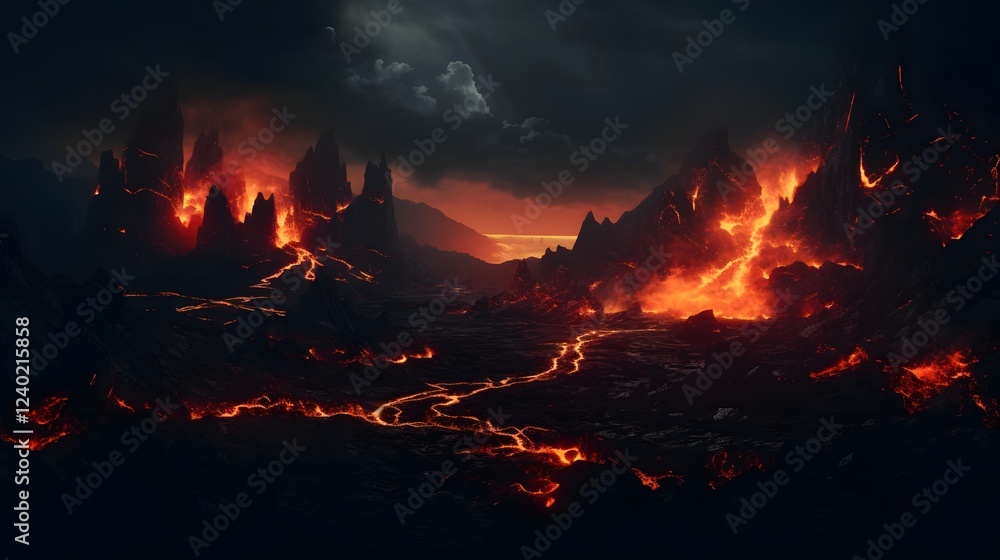 Dramatic lava flows cascading down a mountainside lighting up the dark night sky with a fiery glowing display of power and destruction from a volcanic eruption Dramatic lava flows cascading down a mountainside lighting up the dark night sky with a fiery glowing display of power and destruction from a volcanic eruption