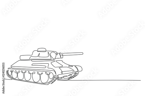 Military tank in continuous one line drawing. Single line art draw of army battle tank. Editable vector.