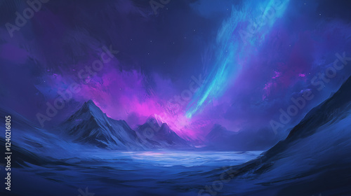 Purple blue aurora borealis painting over a vast ice and snow landscape at night, shimmering light dancing across the sky