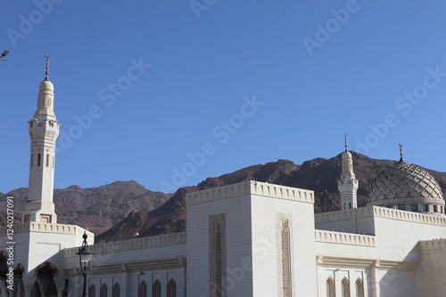 Sayyidul Syuhada Mosque at Uhud Mountain in Medina, Saudi Arabia. Islamic concept idea photo. photo