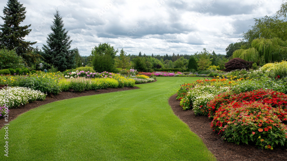 Obraz premium A vibrant garden path lined with colorful flowers and lush greenery under a cloudy sky.