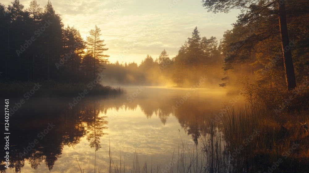 Obraz premium Misty Sunrise Over a Tranquil Forest Lake