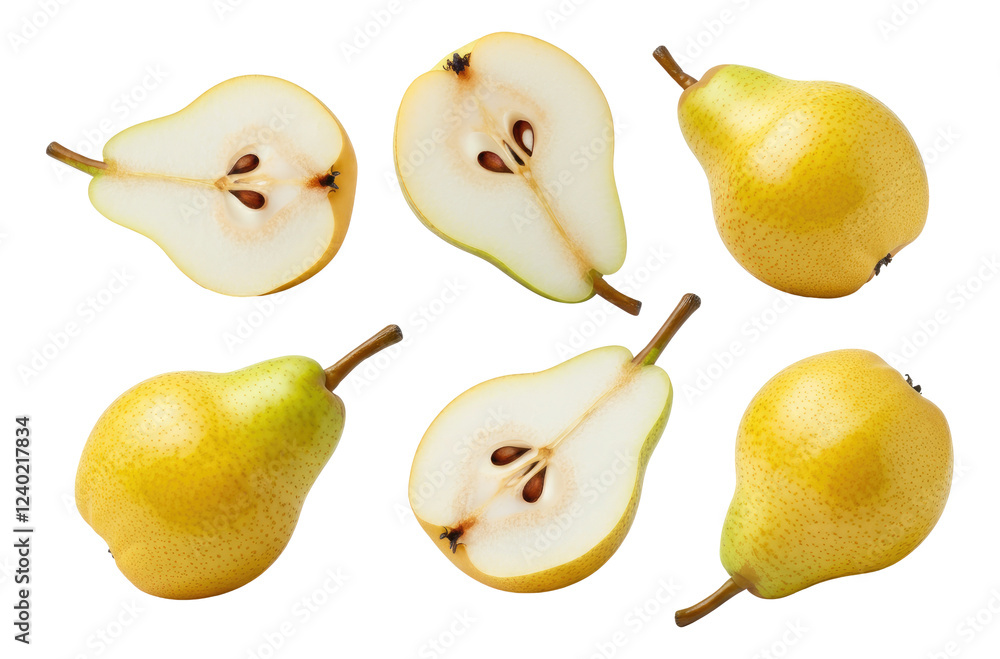 Various slices of fresh, yellow pears arranged on transparent background Various slices of fresh, yellow pears arranged on transparent background