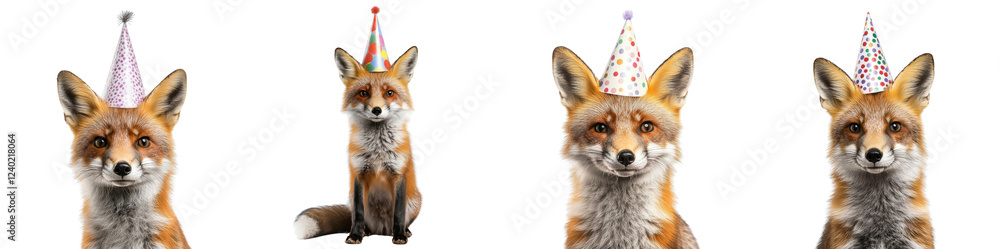 Fototapeta premium Fox wearing a party hat, isolated on a white background. Mix Collection Png.