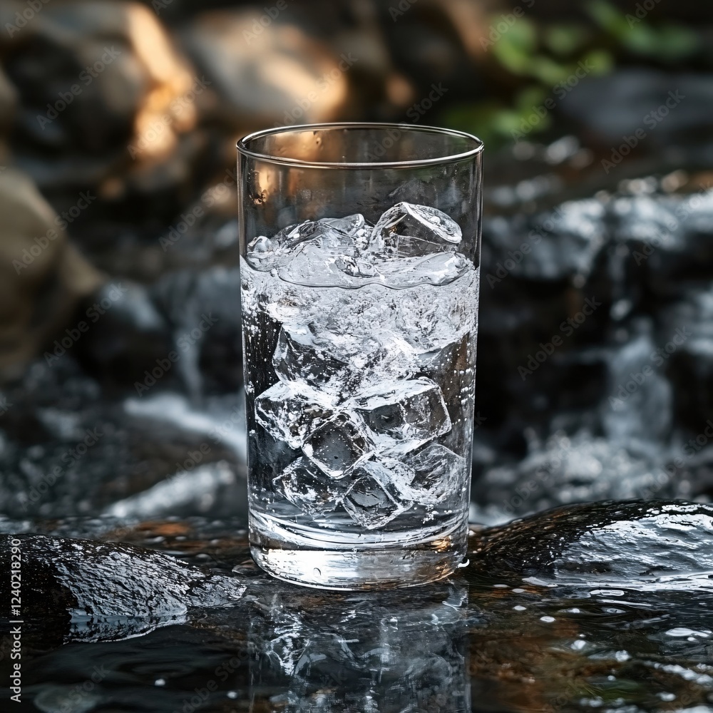 Glass of water with ice cubes placed on a rock in a natural stream setting with sunlight Glass of water with ice cubes placed on a rock in a natural stream setting with sunlight