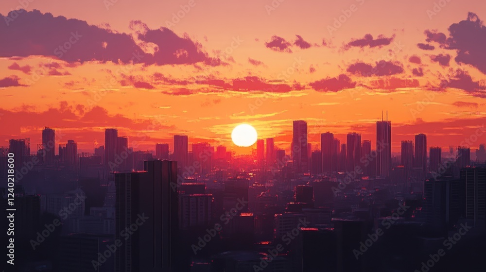 Fototapeta premium Sunset Over a Cityscape with a Large, Glowing Sun