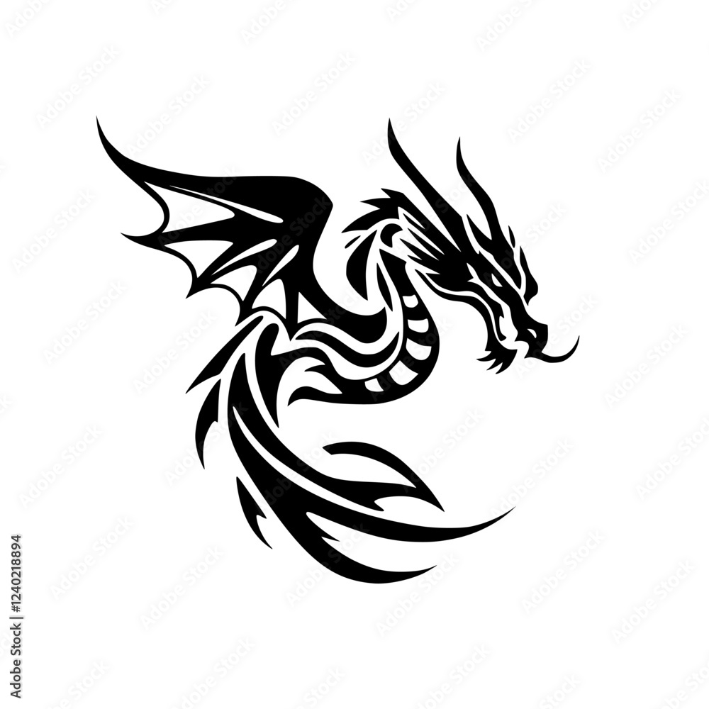 Naklejka premium Tribal Dragon Tattoo Design: Black and White Mythical Creature Illustration