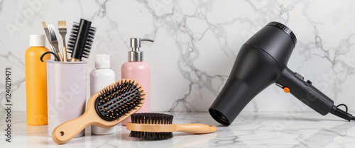 Professional blow dryer and brushes on marble countertop, hair care