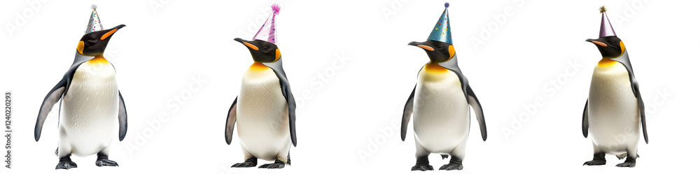 Naklejka premium Emperor penguin wearing a party hat, isolated on a white background. Mix Collection Png.