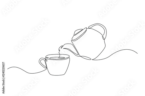 Teapot pouring tea to the cup in continuous one line drawing. Single line art draw of Teapot. Editable vector.