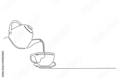 Teapot pouring tea to the cup in continuous one line drawing. Single line art draw of Teapot. Editable vector.