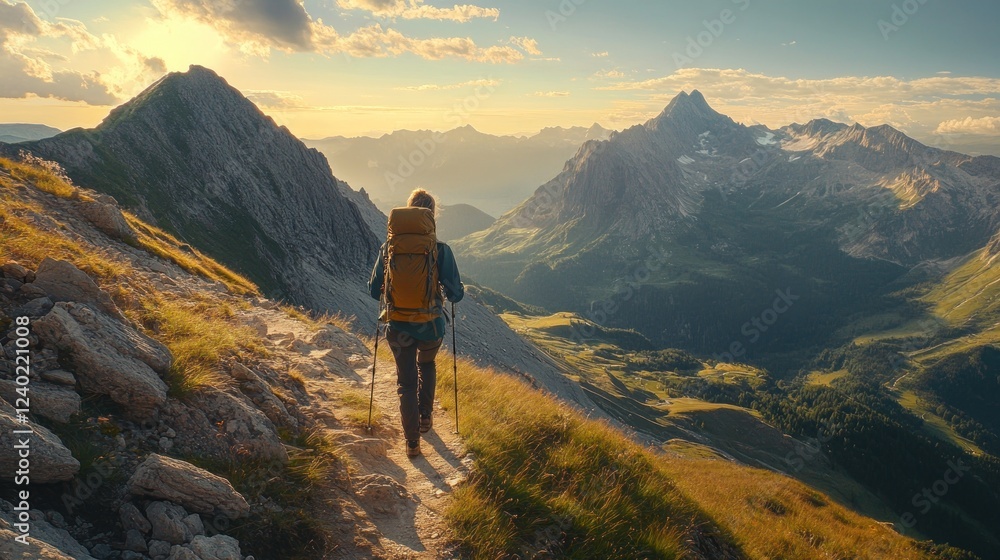 A hiker walks along a mountain trail with a panoramic view of the Alps at sunset. A hiker walks along a mountain trail with a panoramic view of the Alps at sunset.