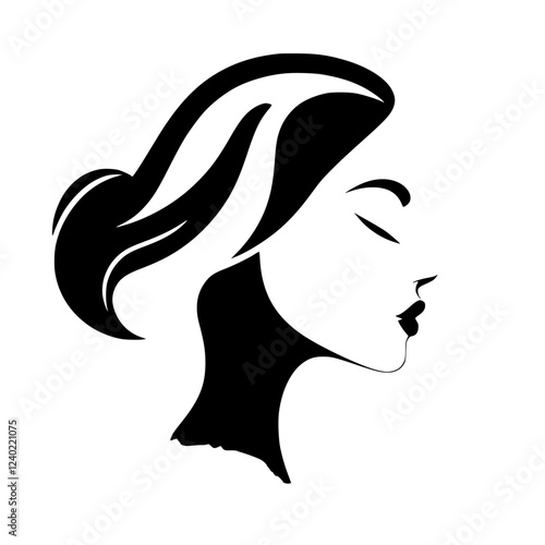 Elegant Woman Profile: A Black and White Minimalist Portrait.  Stylish and Serene, this graphic design captures the essence of female beauty and grace.