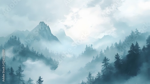 Wallpaper Mural Misty Mountains Enveloped in a Serene Forest Scene Torontodigital.ca