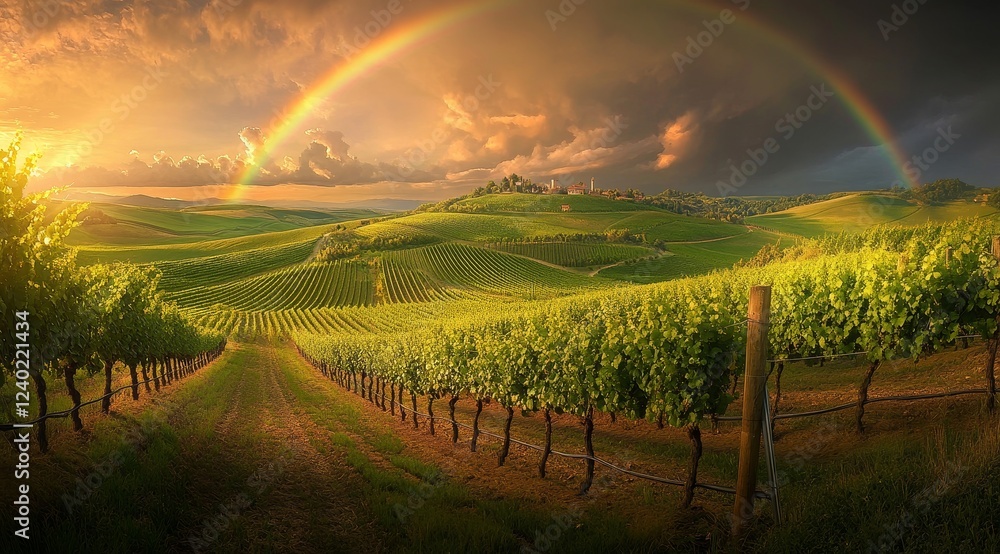 Obraz premium Vineyard sunset rainbow landscape, hilltop village