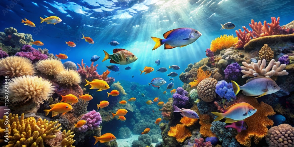 Naklejka premium Vibrant Underwater Scene with Colorful Fish and Coral Reefs