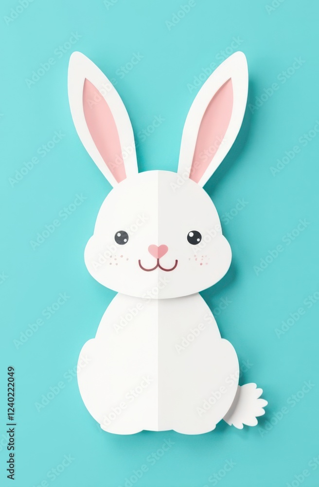 Fototapeta premium Cartoon white easter bunny sitting on turquoise background