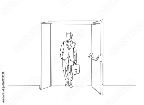 Businessman caryying briefacase in front of door in continuous one line drawing. Businessman and door line draw. Editable vector.