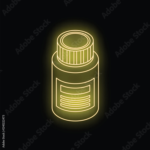 Yellow neon sign of a closed pills bottle glowing in the dark