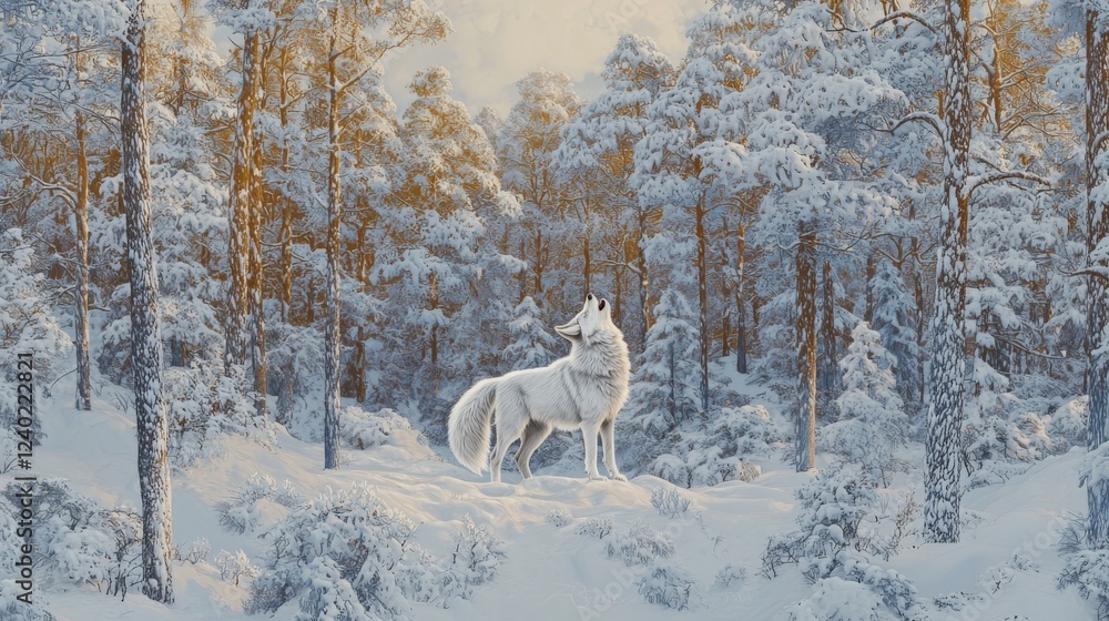 Fototapeta premium Majestic White Wolf Howling in a Snow-Covered Forest at Sunrise, Surrounded by Frost-Laden Trees and Glowing Winter Light