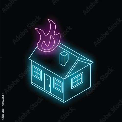Neon house fire burning down building insurance concept with glowing effect on black background