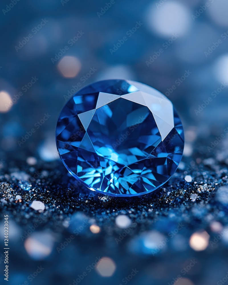 Faceted blue gem on dark surface with light bokeh creating a magical and elegant scene Faceted blue gem on dark surface with light bokeh creating a magical and elegant scene