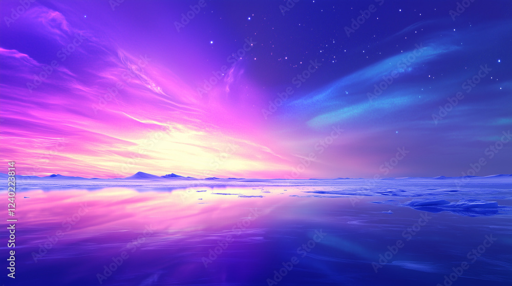 purple blue aurora borealis, polar lights, northern lights, over ice and snow landscape purple blue aurora borealis, polar lights, northern lights, over ice and snow landscape