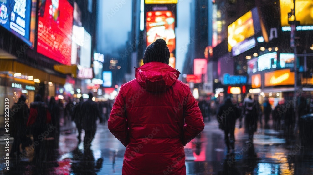 Urban Commuter: A person in a vibrant red coat walking through a bustling city street with neon signs Urban Commuter: A person in a vibrant red coat walking through a bustling city street with neon signs