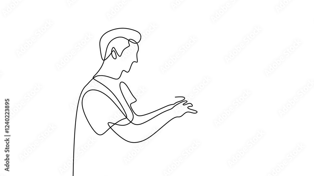 One continuous line drawing animation of businessman in the office on video. Serious young man wearing wireless headphones makes video call talk looks at laptop screen. One continuous line drawing animation of businessman in the office on video. Serious young man wearing wireless headphones makes video call talk looks at laptop screen.