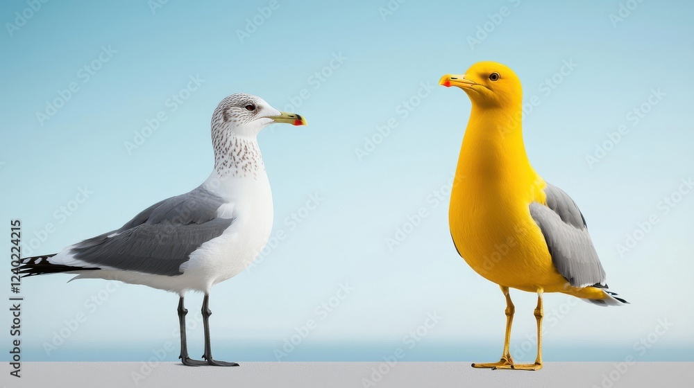 Fototapeta premium A striking image of two seagulls. One is a traditional grey while the other showcases a bright yellow plumage, creating a captivating visual contrast.