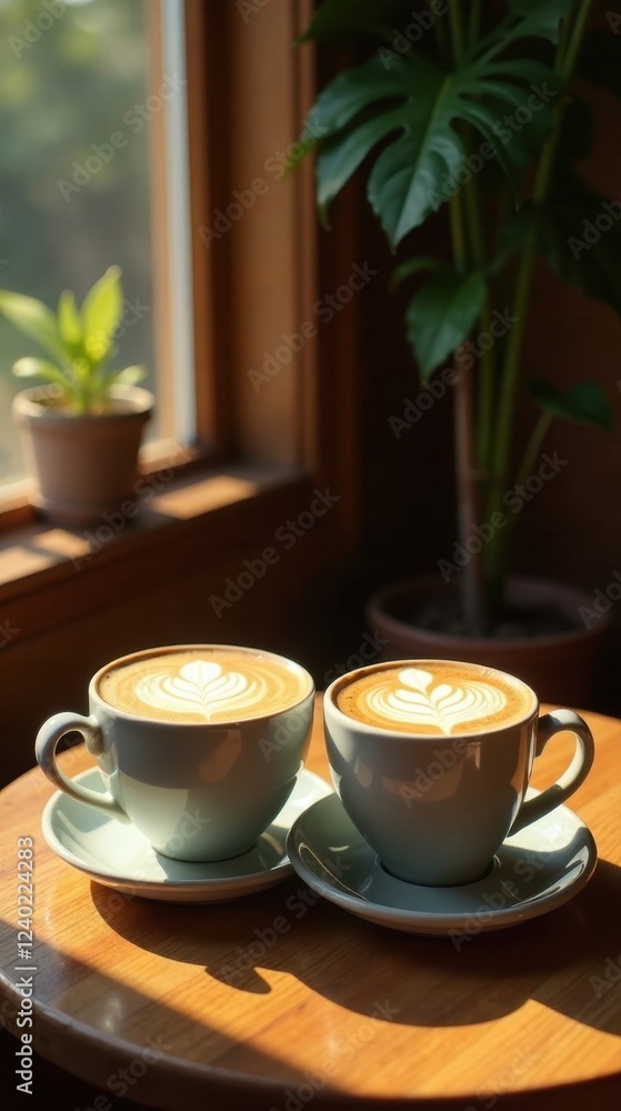 Two Cups of Latte Art Coffee Enjoyed by a Window in Sunlight Two Cups of Latte Art Coffee Enjoyed by a Window in Sunlight