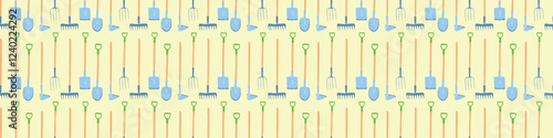 Seamless pattern with garden equipment. Shovels, spades, rakes, hoes, pitchforks. Vector backgrounds and textures with tools for working on the farm, in dacha, country site in flat style