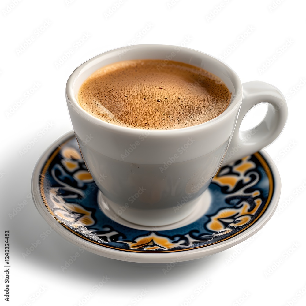 Fototapeta premium Espresso cup, studio shot, white background, decorated saucer, coffee break