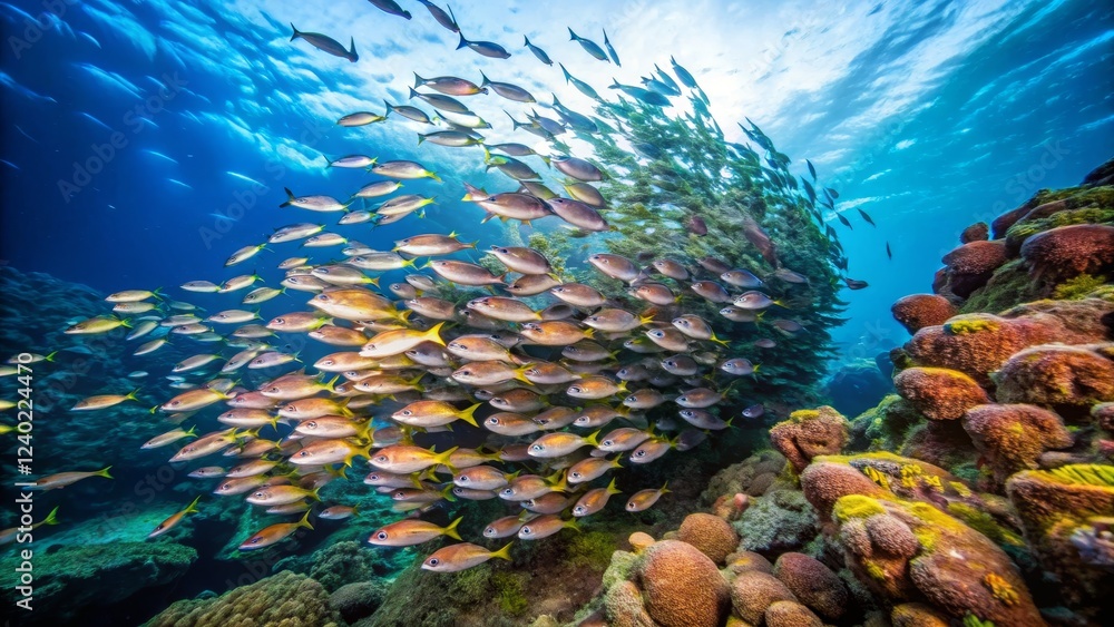 Vibrant Underwater Scene with School of Fish and Coral Reef Life Vibrant Underwater Scene with School of Fish and Coral Reef Life
