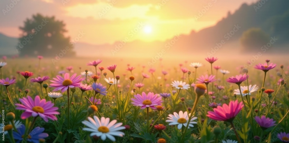 Obraz premium Golden Hour Meadow A Serene Landscape of Delicate Wildflowers Bathed in the Warm Glow of Sunrise