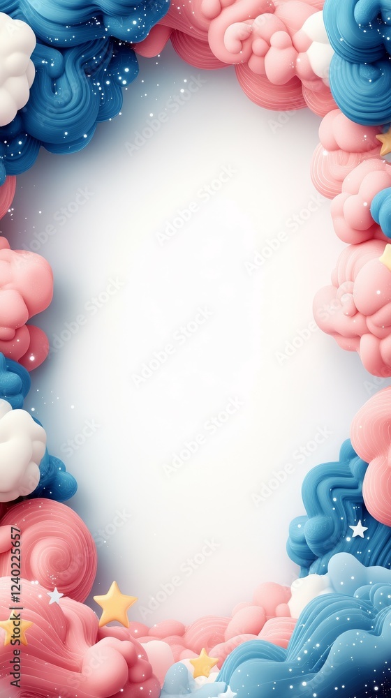 A colorful, whimsical frame of clouds and stars, perfect for creative designs or invitations. A colorful, whimsical frame of clouds and stars, perfect for creative designs or invitations.