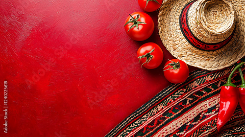 Red tomatoes, chili peppers, straw hat, textile on red background. Food blog, recipe