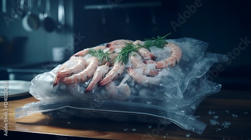 Freshly Frozen Shrimp Encased in a Clear Vacuum Sealed Plastic Package Offering a Convenient and Preservative Free Cooking Solution for Gourmet Meals and Seafood Dishes photo