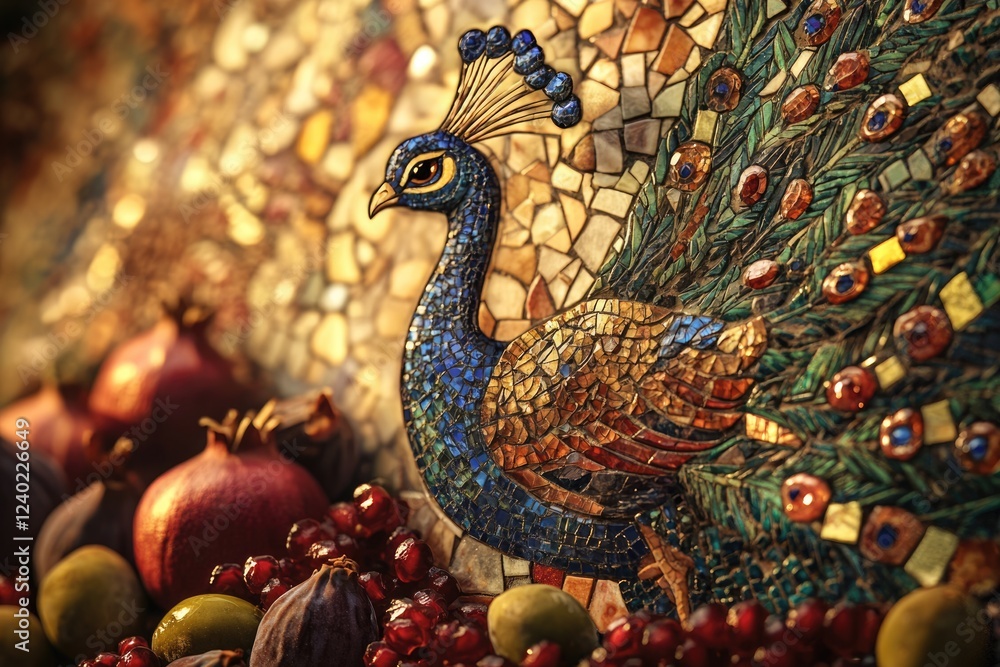 Obraz premium A stunning mosaic peacock artwork is beautifully displayed with pomegranates, figs, and olives.