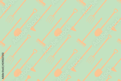 Seamless pattern with garden equipments: shovels, spades, rakes, hoes, pitchforks. Vector backgrounds and textures with tools for working on the farm, in dacha, country site in flat style.